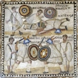 Roman 4th Century mosaic of gladiators fighting, in the Museo Arqueologico Nacional in Madrid