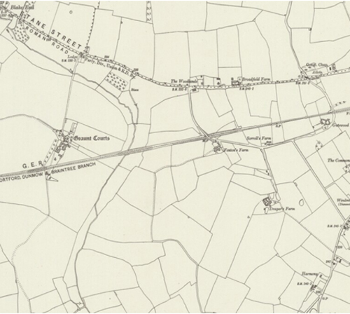 Old map of Little Dunmow, Essex, United Kingdon. Showing Stane Street Roman Road
