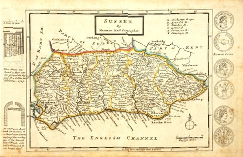 Herman Moll's old map of Sussex, England, United Kingdom from 1724